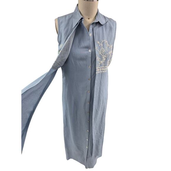 80s VTG NWT Cynthia Howie Maggy Boutique Linen Dress Sky Blue Embroidered Sz 10 - Picture 2 of 7